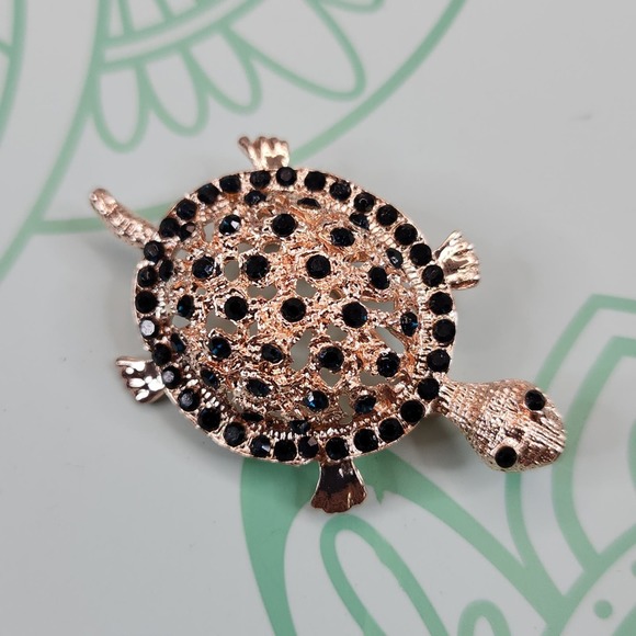 Rose-gold-tone Turtle Brooch with Sapphire-tone Blue Rhinestones - Picture 2 of 4